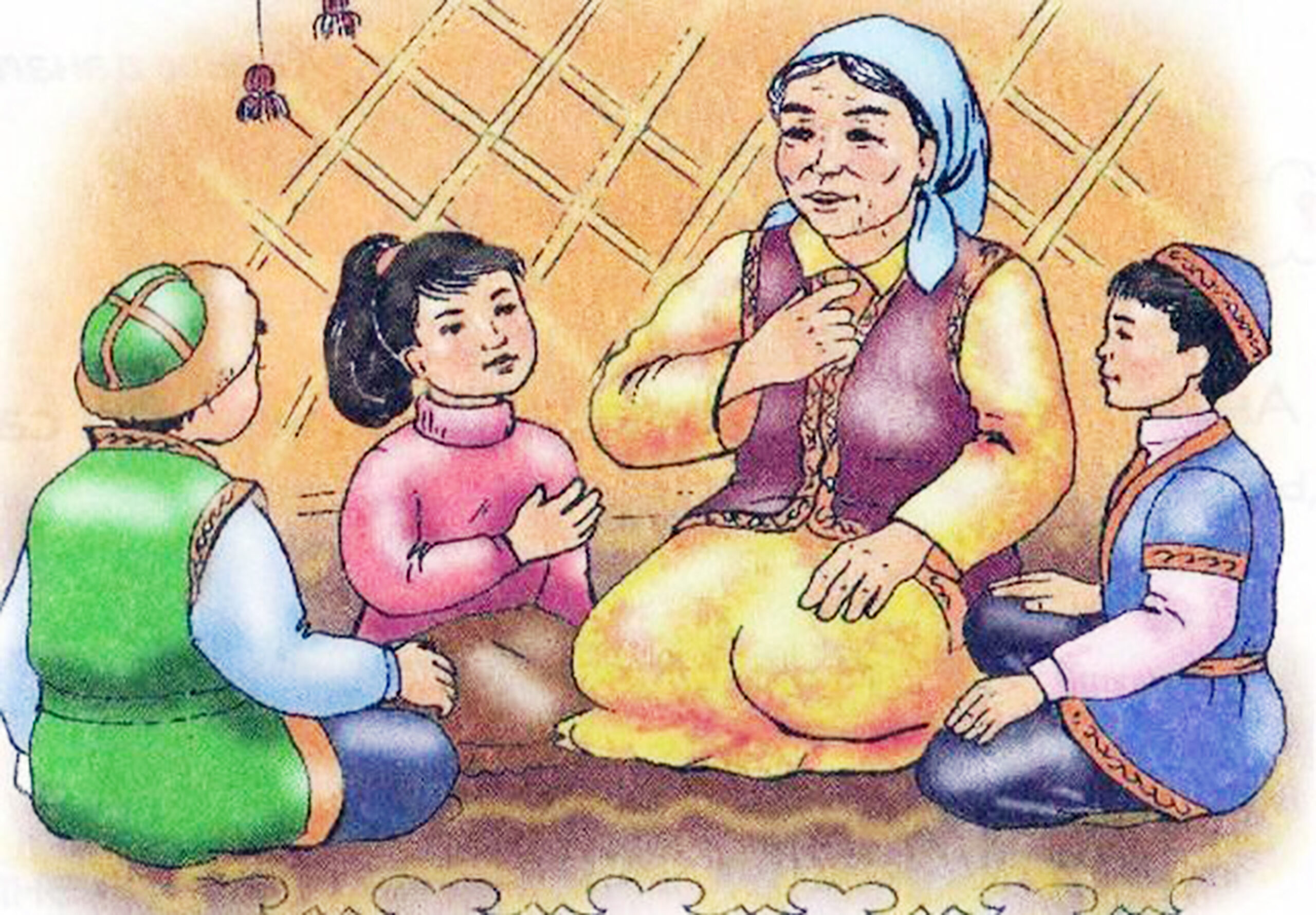 Нұрын төккен маған. Казахские рисунки. Казахская бабушка с ребенком. Иллюстрации казахские бабушка. Казахская бабушка рисунок.